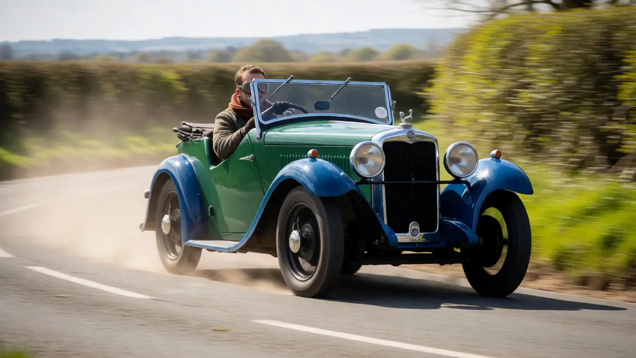 Vauxhall Prince Henry racing on a winding road with dust flying.