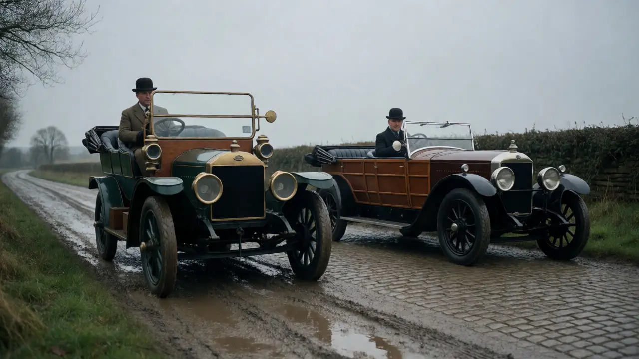 Vintage cars navigating a muddy road, contrasting utility and luxury models