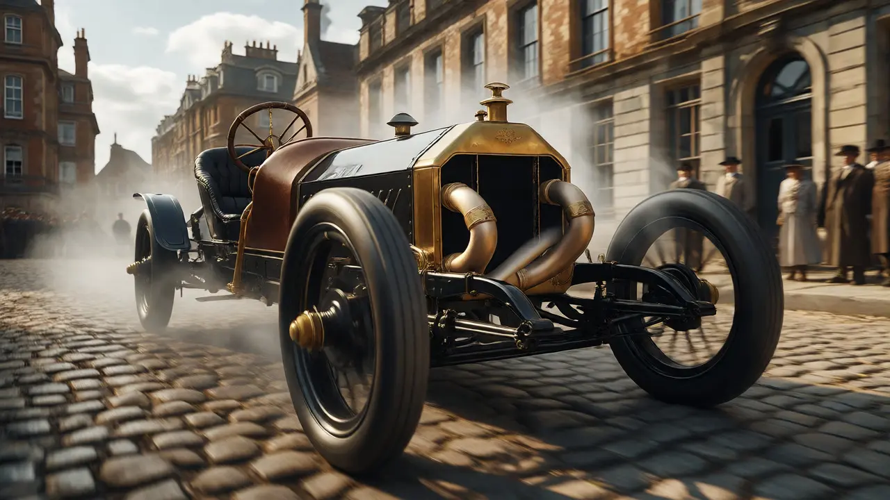 Vintage racing car speeding down a road with steam rising from its brass radiator.