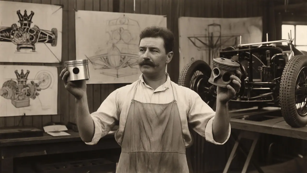 Walter Bentley comparing aluminum and iron pistons in his early workshop