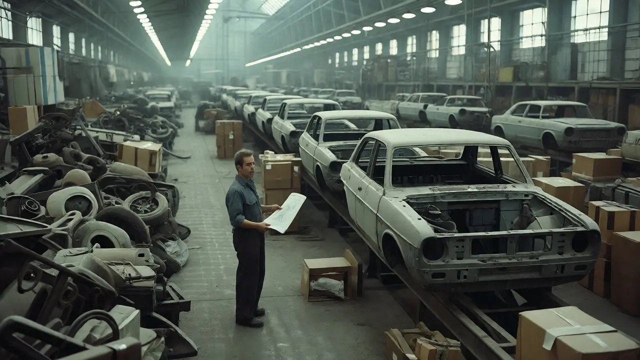 Worker on a dusty 1970s British Leyland assembly line amidst chaos.