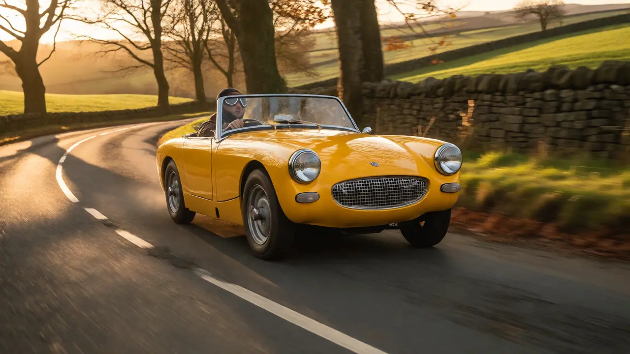Yellow Austin Healey Sprite cornering on an autumn country road at sunset