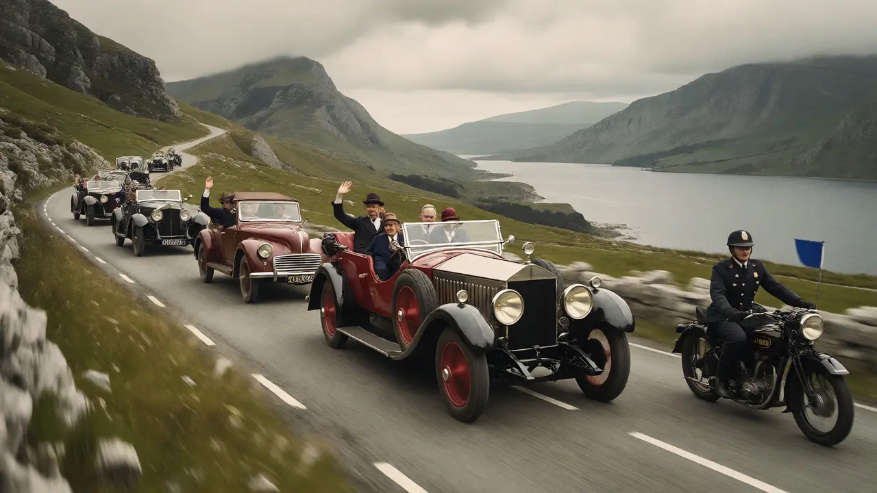 A convoy of diverse vintage cars touring the scenic Lake District led by an AA motorcycle.