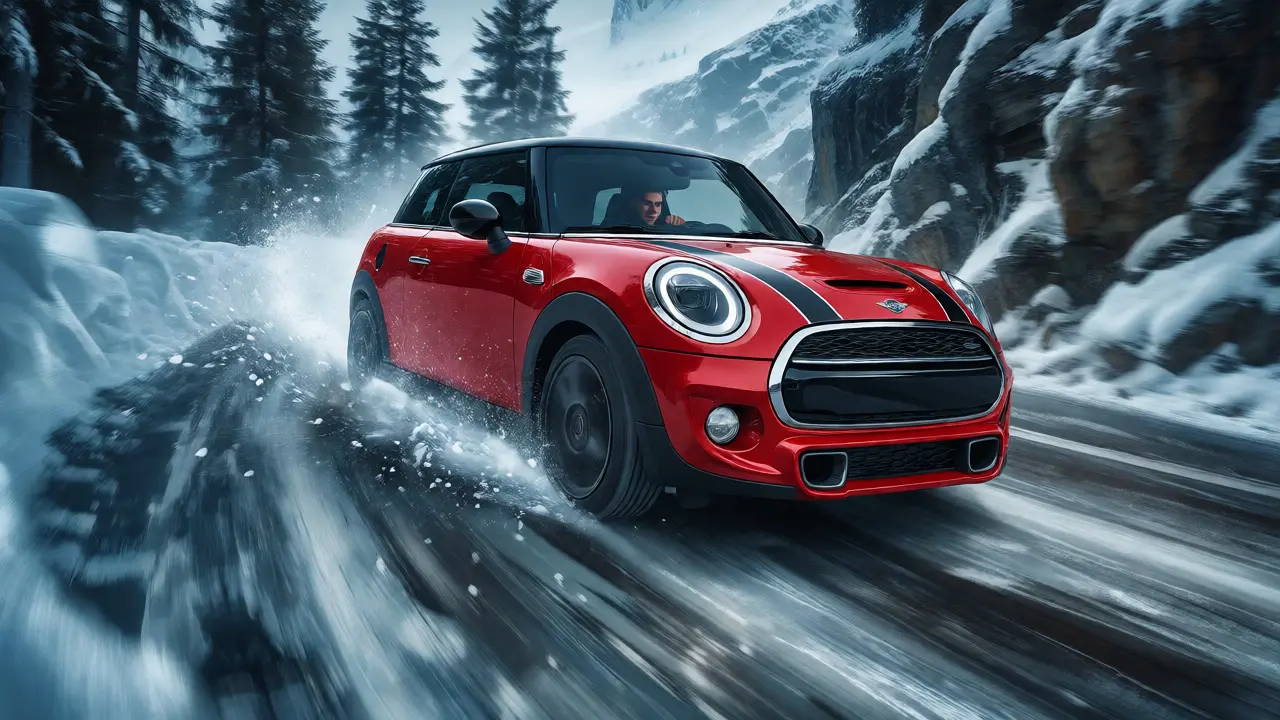 A red Mini Cooper S drifting through an icy hairpin turn on a snowy mountain road during a rally race.