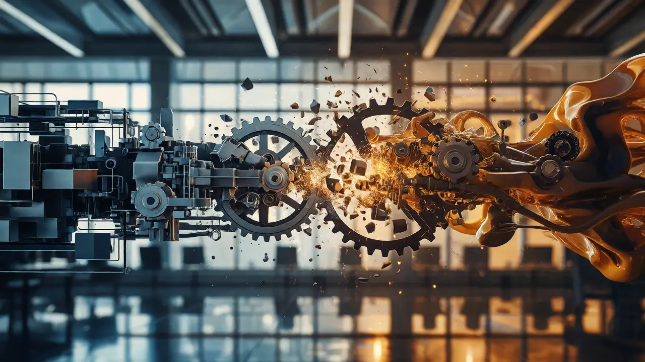 Abstract visual of two conflicting mechanical cultures colliding to represent corporate merger failure.