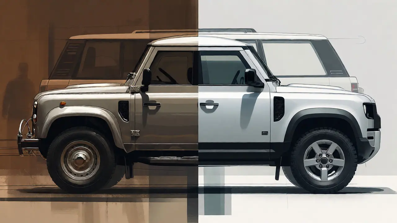 Artistic comparison of pre-Bache and modern Land Rover design philosophies.