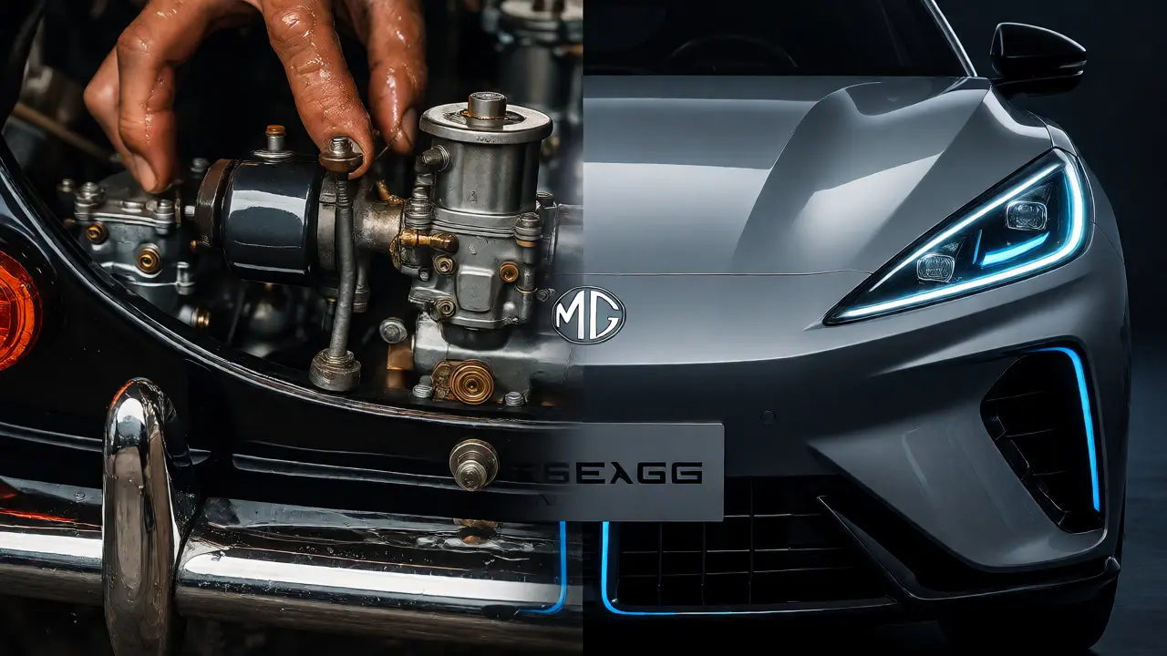 Artistic split view showing classic MG mechanics transitioning to modern electric designs