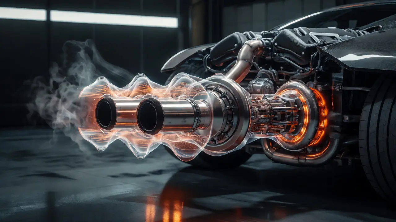 Artistic view of a modern V12 exhaust emitting sound waves