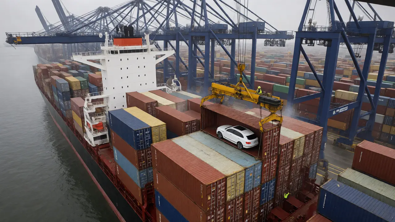 Bentley Bentayga loaded into shipping container at port