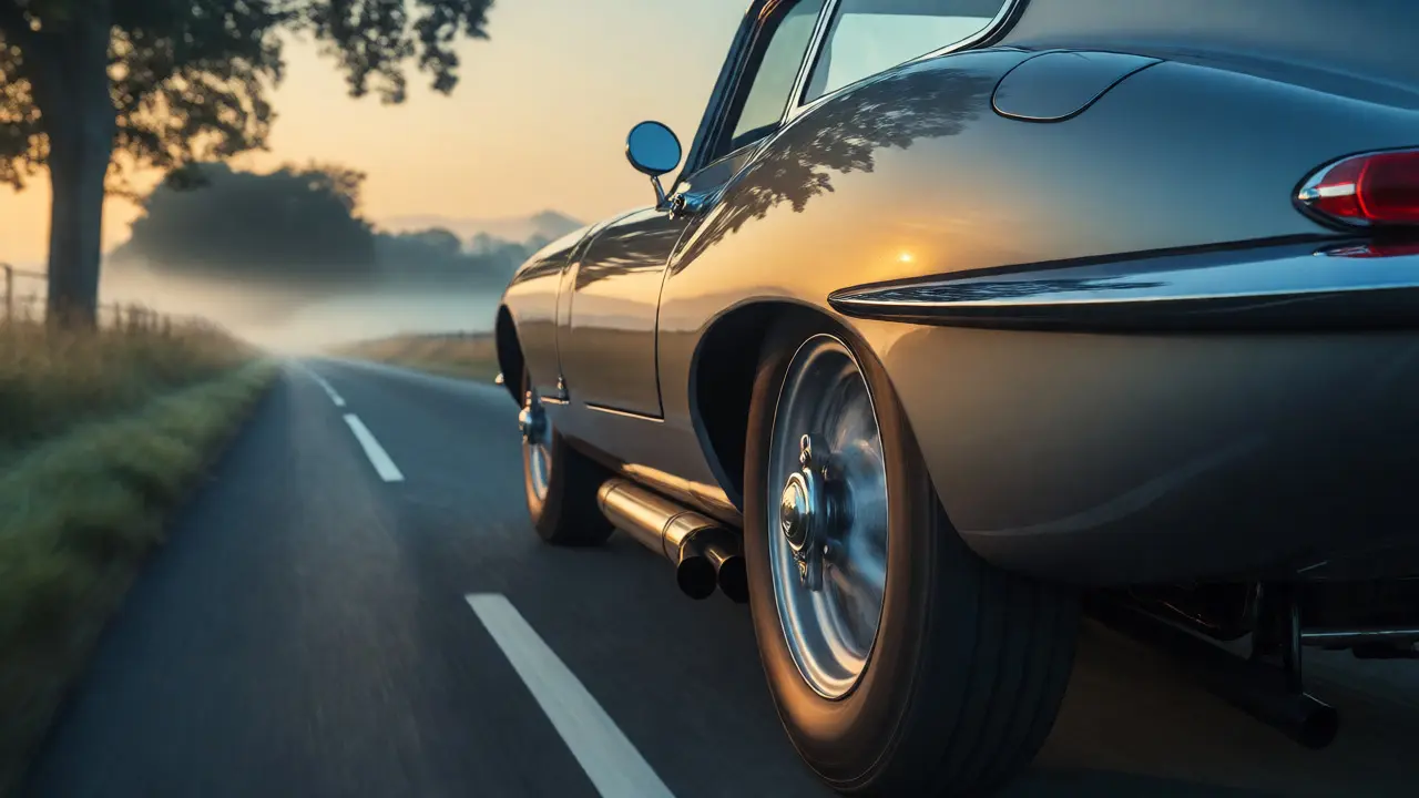 Classic Jaguar E-Type cruising on a misty morning road