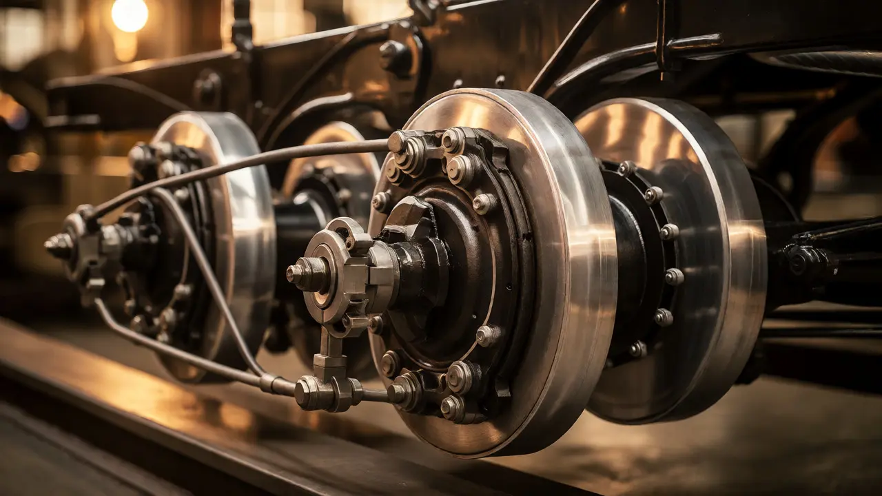 Close-up of an early 1910s Argyll four-wheel drum brake mechanism.