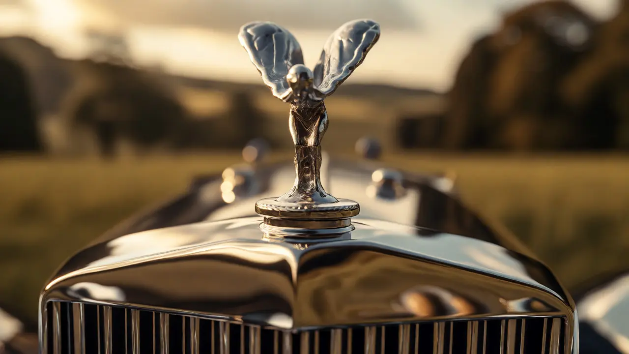 Close-up of the Spirit of Ecstasy ornament on a polished Rolls-Royce radiator.