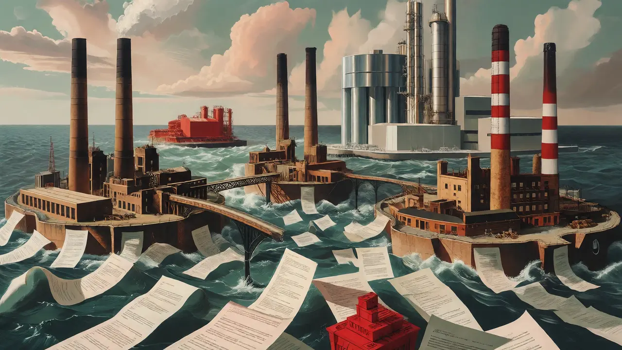 Conceptual art of isolated British Leyland factory islands disconnected by broken bridges