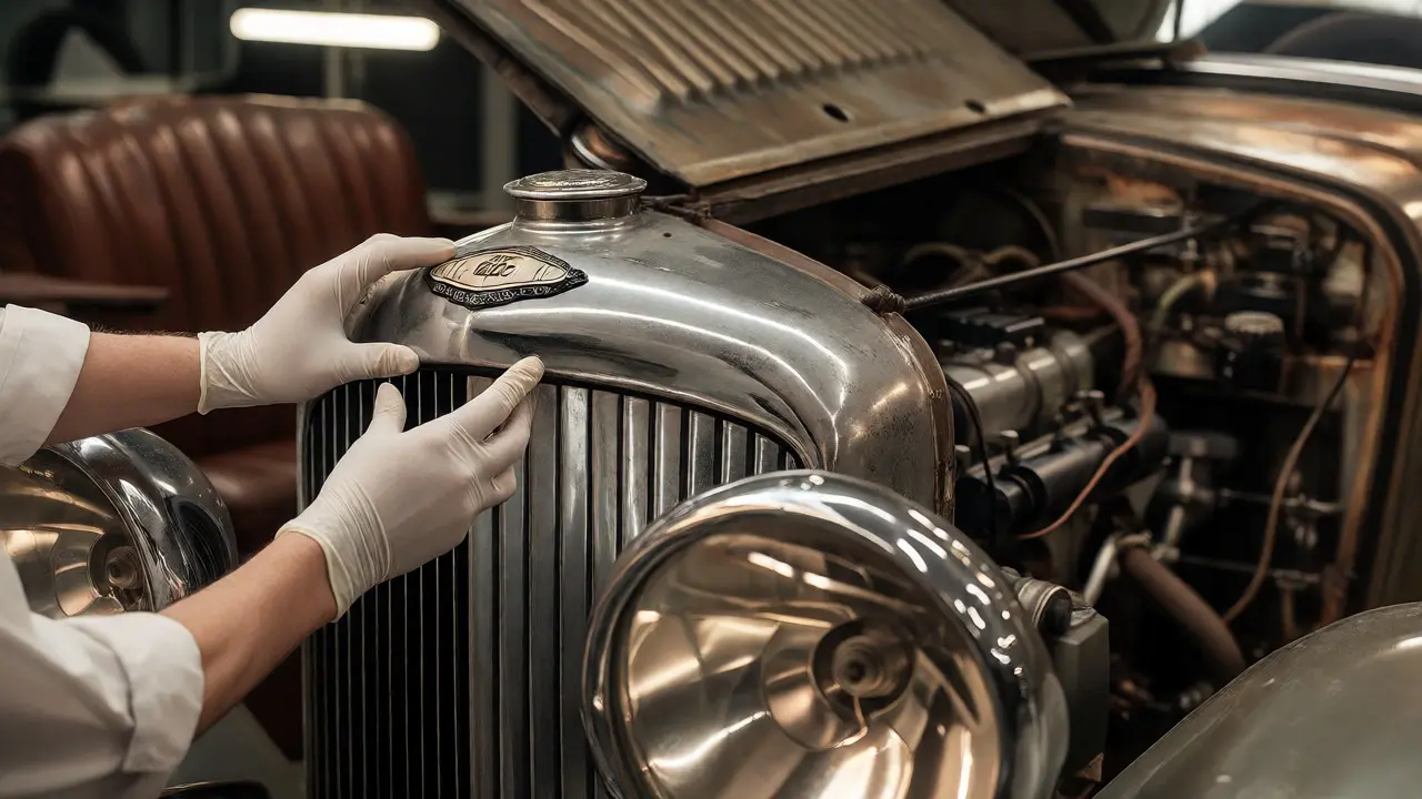 Conservator carefully inspecting the chrome details of a vintage luxury car in a workshop.