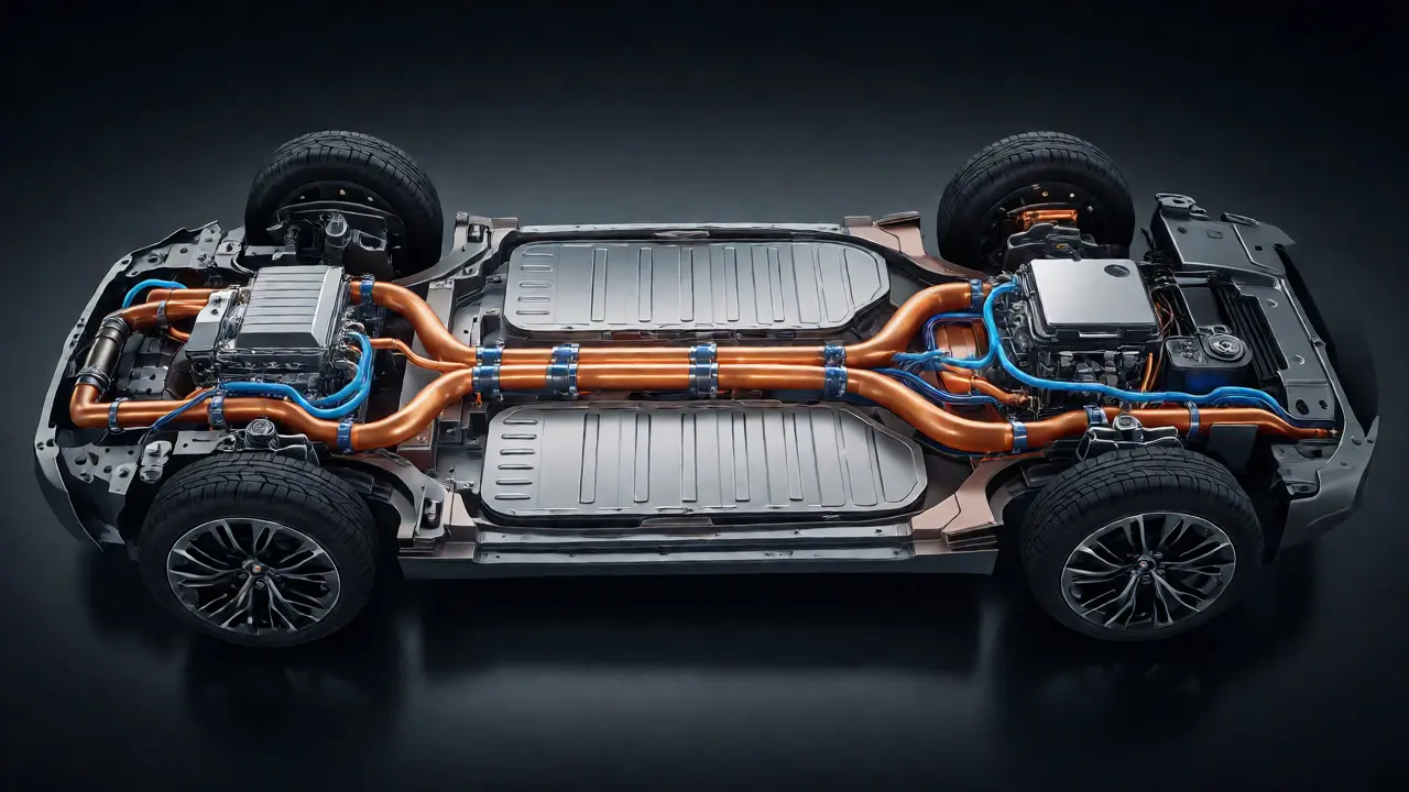 Cutaway view of EV undercarriage showing integrated thermal management and compact packaging.