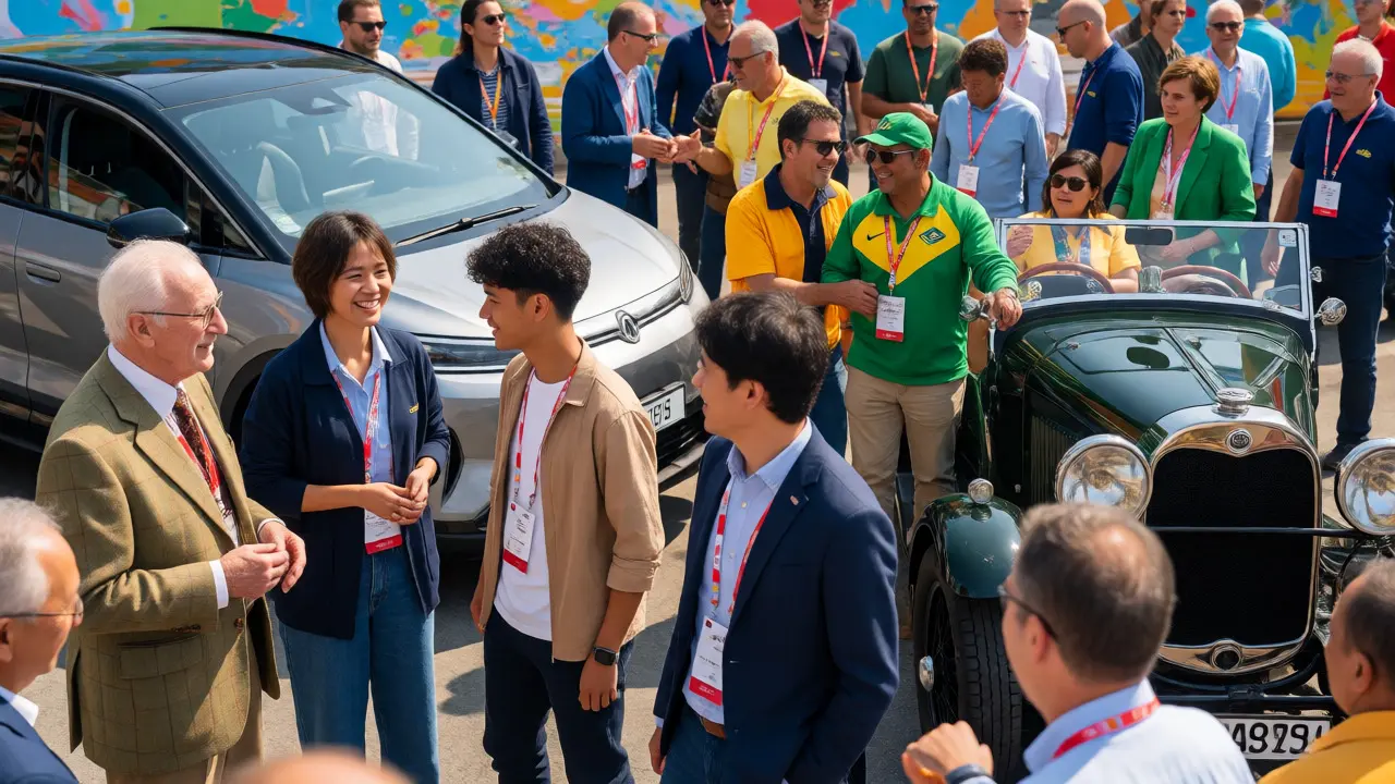 Diverse international MG owners socializing and sharing stories at a global car meet