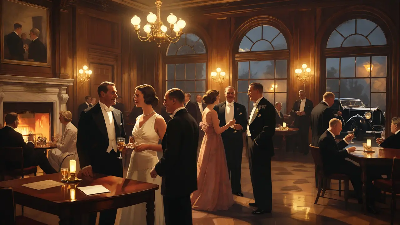 Elegant guests mingling inside a luxurious 1930s British automobile club clubhouse.