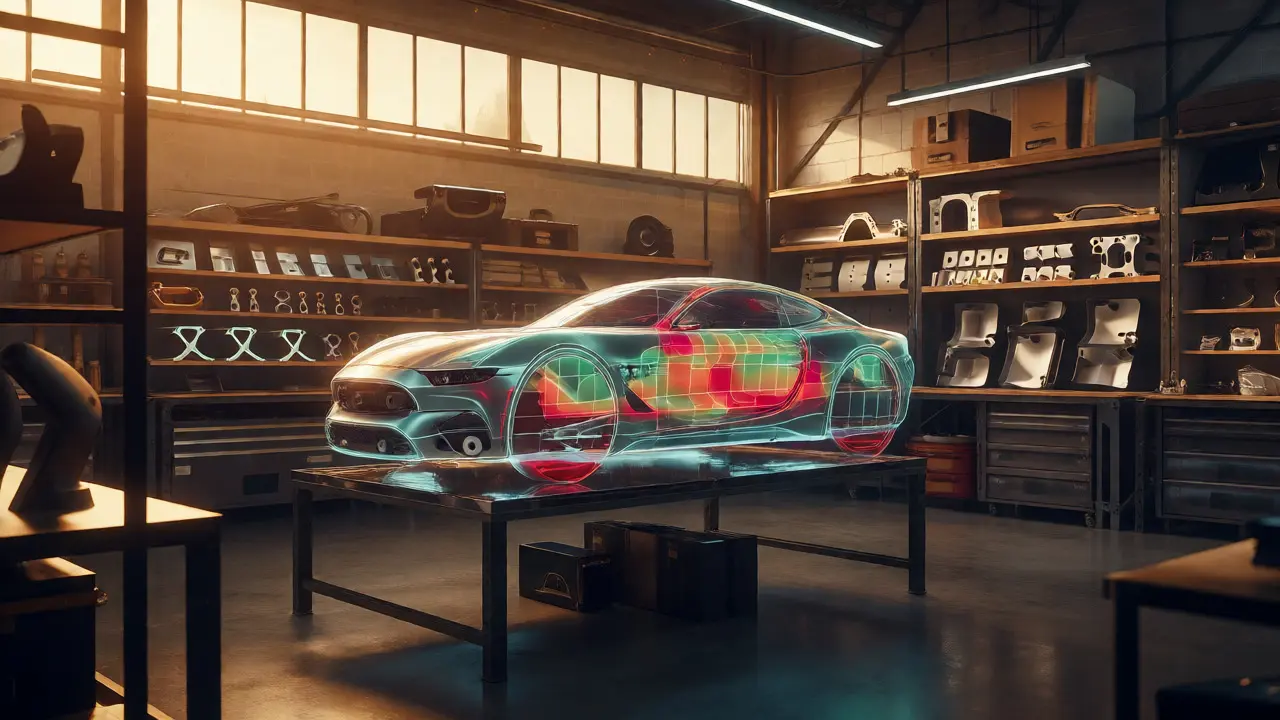 Futuristic UK auto workshop with holographic car model and advanced material samples.