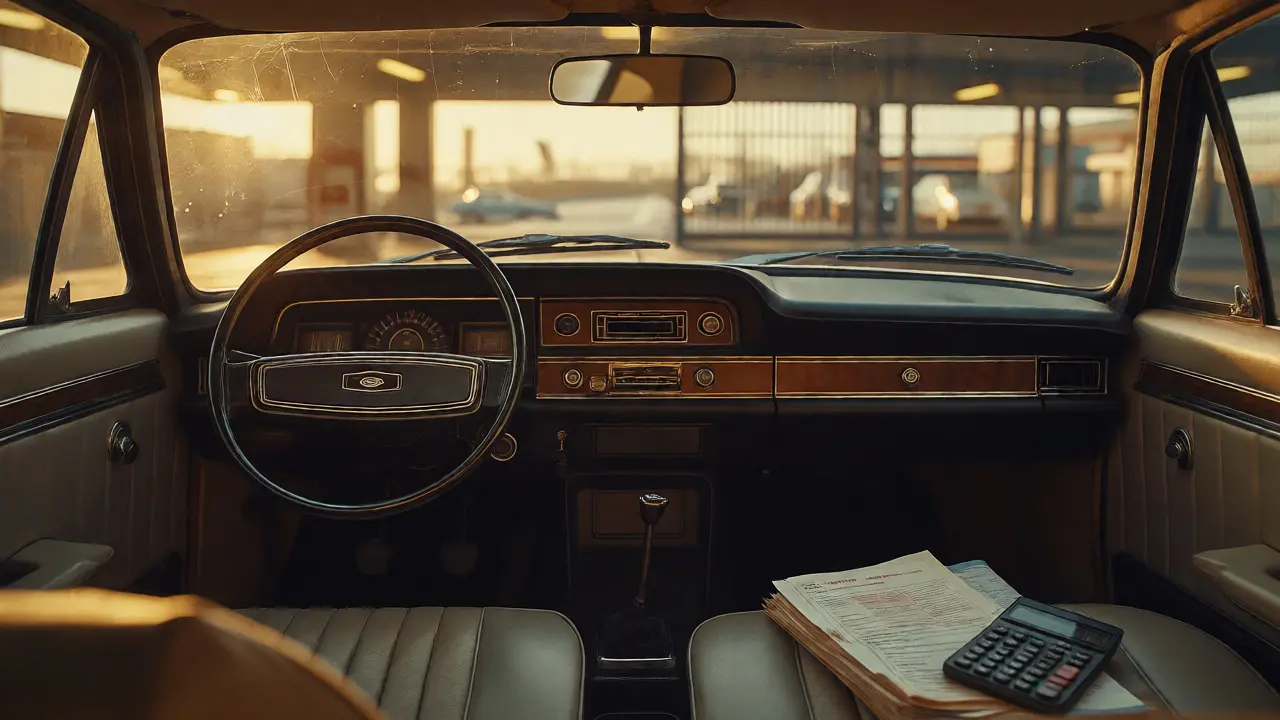 Interior view of a classic Ford Cortina dashboard with tax papers on the seat, lit by sunlight.