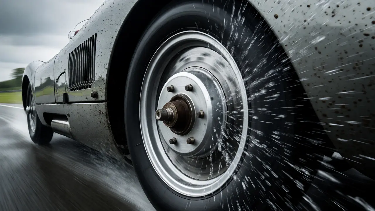 Jaguar race car wheel showing water flying off a spinning disc brake.