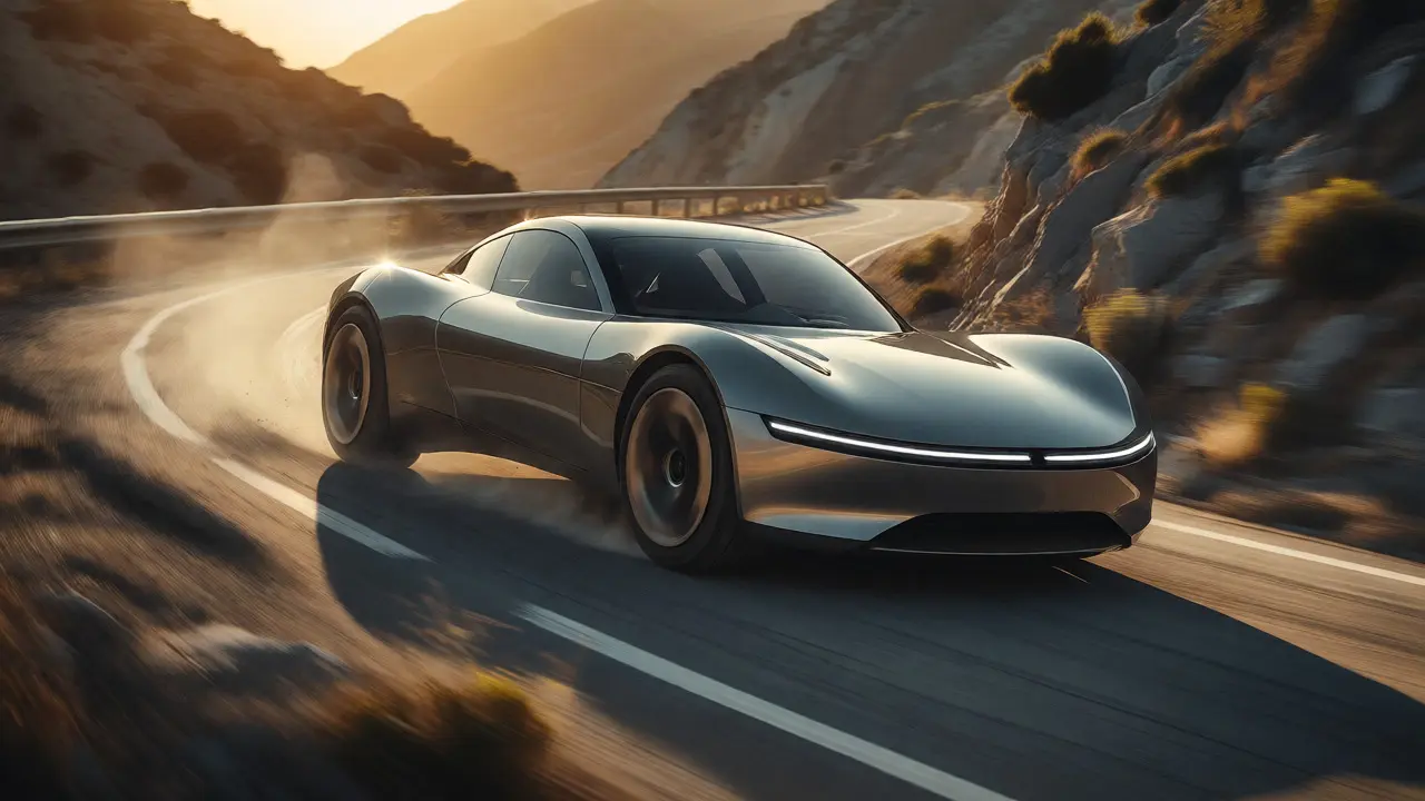 Lightweight electric sports car cornering on a mountain road at sunset.