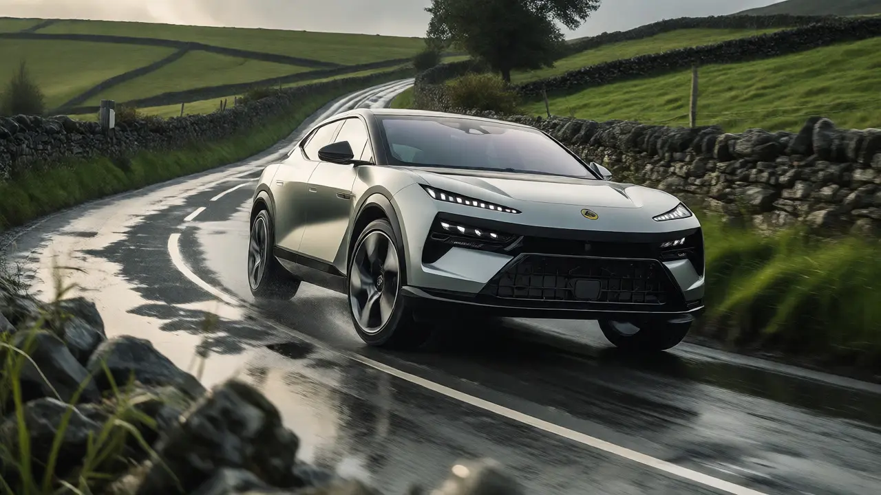 Lotus Eletre SUV driving dynamically on a wet British country road