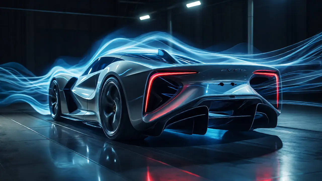 Lotus Evija hypercar in a wind tunnel showing aerodynamic airflow