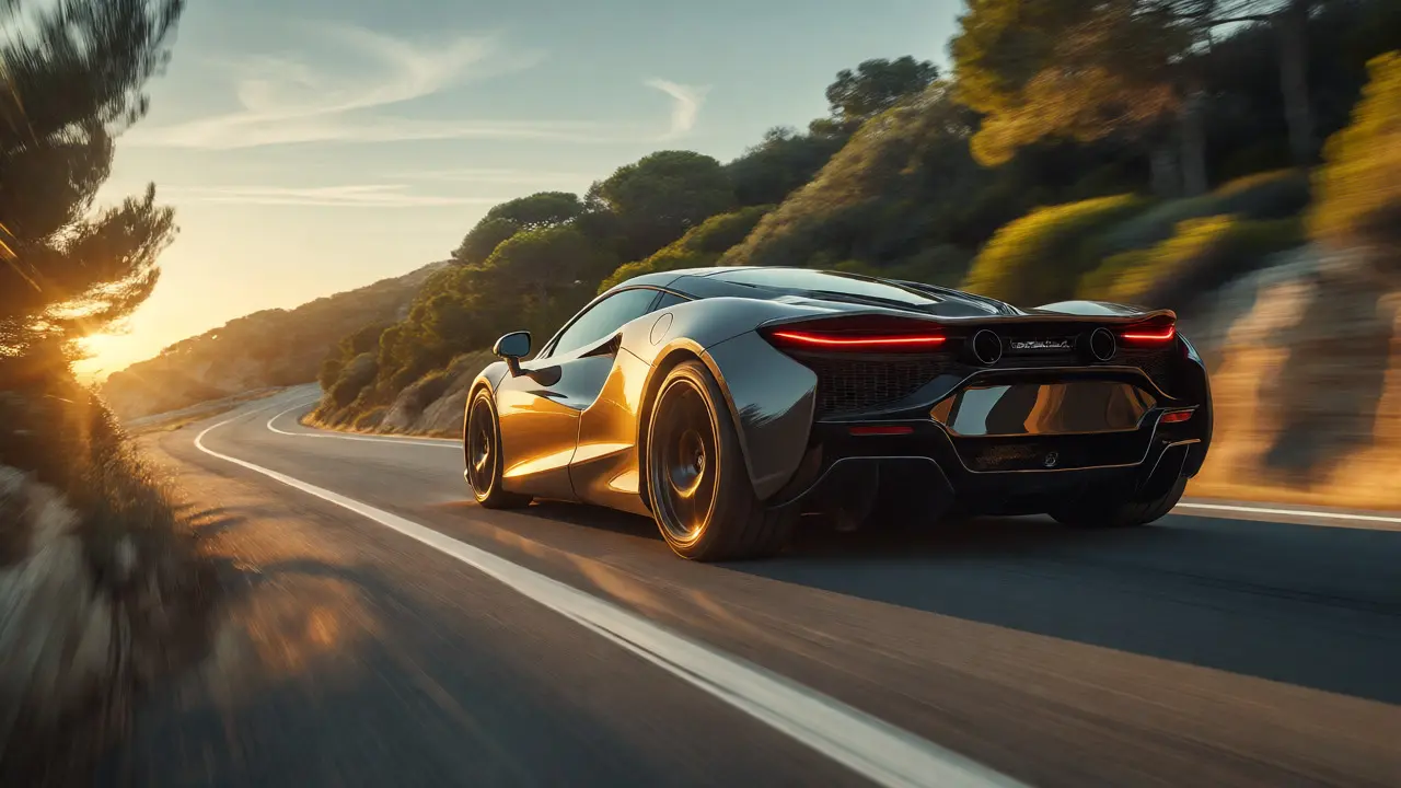 McLaren Artura driving fast on a scenic coastal road during sunset.