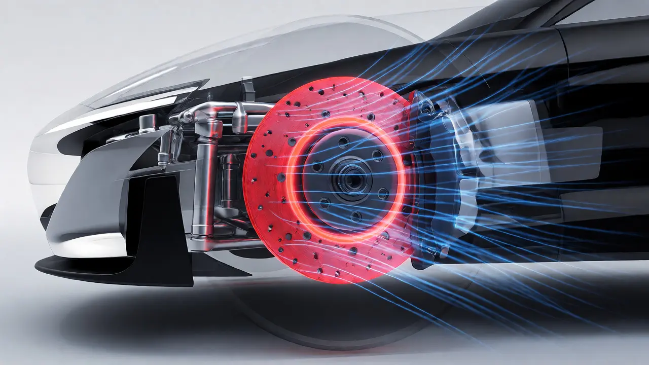 Modern car brake rotor glowing red with blue airflow cooling lines.