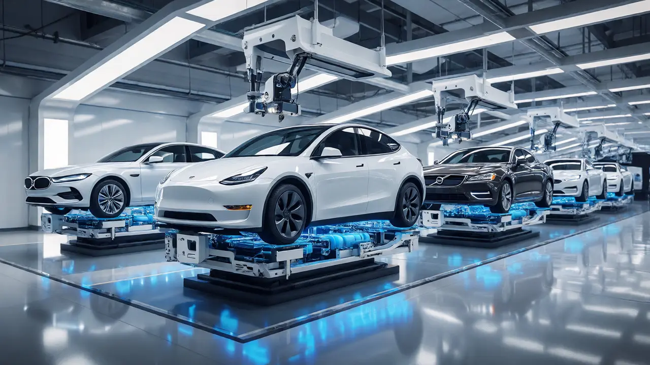 Modern EV assembly line featuring diverse brands sharing a unified battery platform harmoniously.
