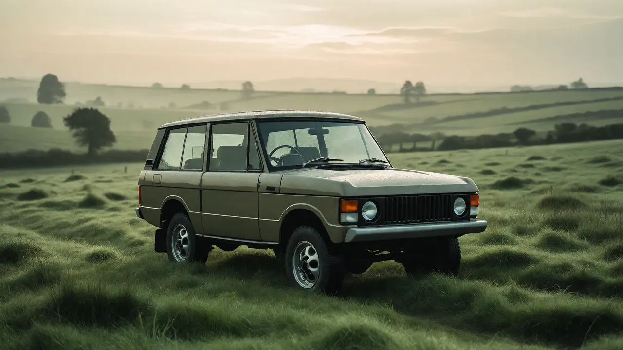 Original 1970 Range Rover in a misty English field, showing its refined utility.