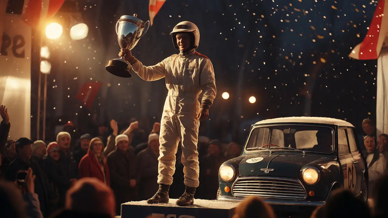 Paddy Hopkirk celebrating on the podium with his winning Mini Cooper S after the 1965 Monte Carlo Rally.
