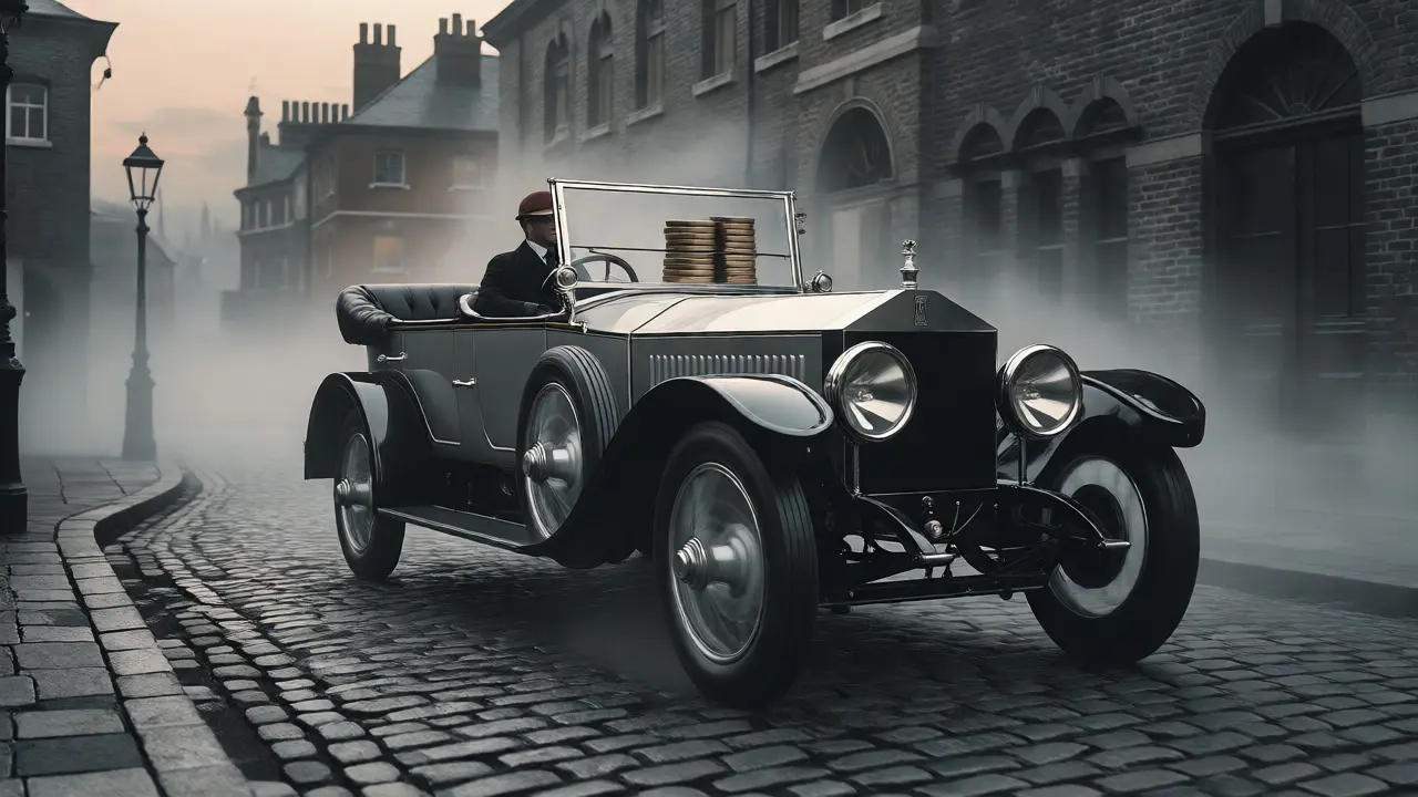 Silent Rolls-Royce Silver Ghost gliding down a misty cobblestone street at dawn.