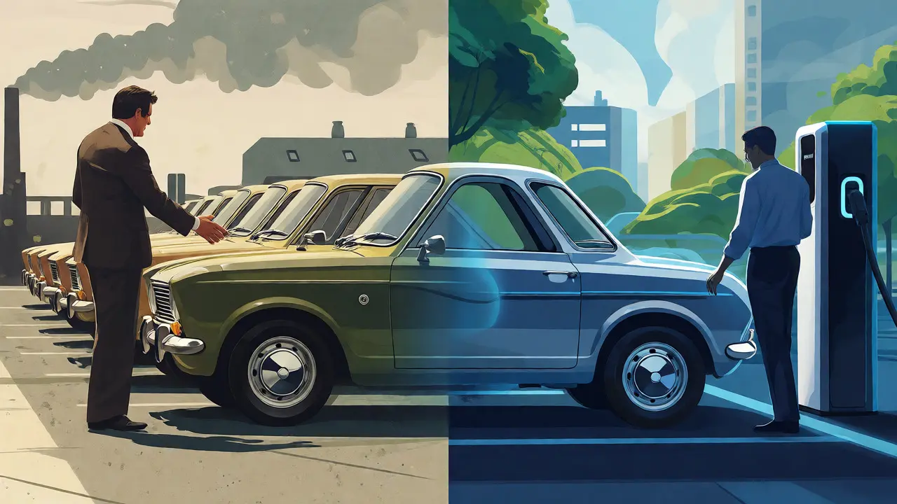 Split-screen illustration comparing 1970s Cortina fleet deals with modern EV leasing concepts.