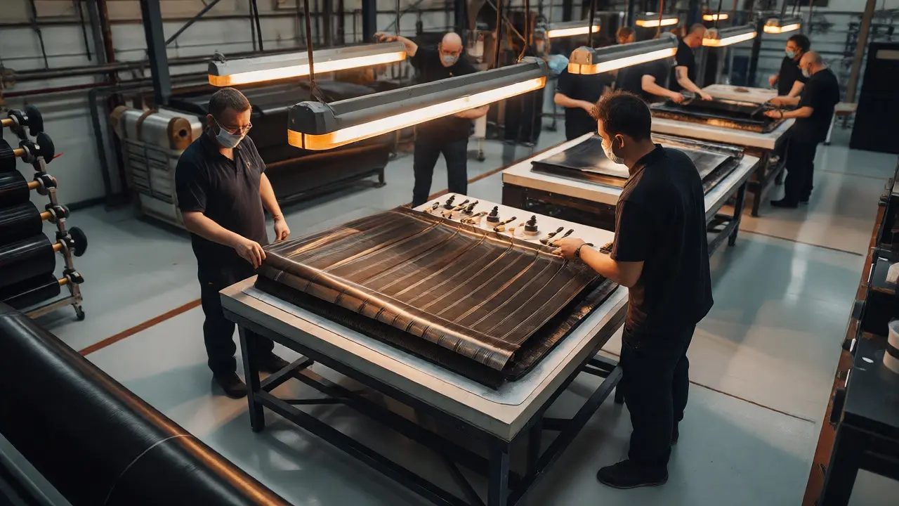 Technicians carefully laying up carbon fiber layers in a high-tech manufacturing facility.