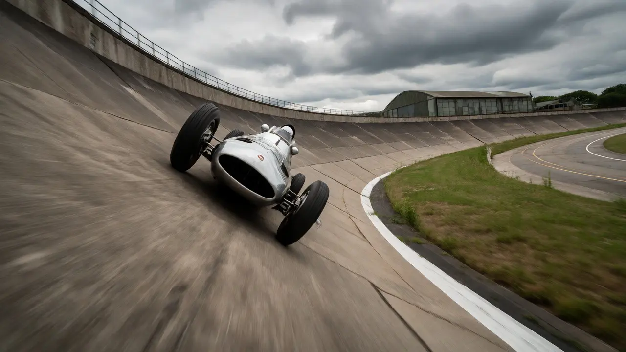 Vintage race car speeding along the historic concrete banking of the Brooklands track.